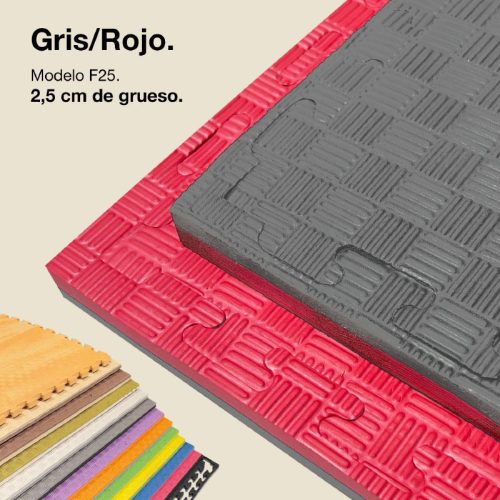 Tatami Puzzle 2,5cm Gris/Rojo 100x100cm, Reversible Antideslizante F