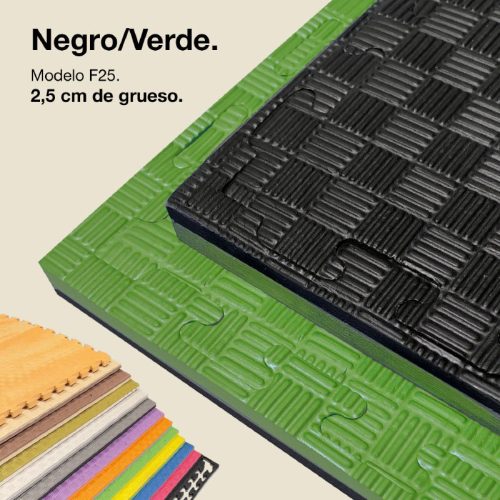 Tatami Puzzle 2,5cm Negro/Verde 100x100cm, Reversible Antideslizante F