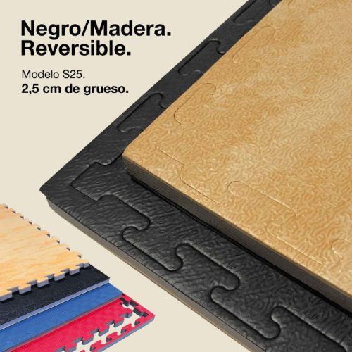 Tatami Puzzle 2,5cm Madera/Negro 100x100cm, Reversible Densidad Superior, Antideslizante Texturizado