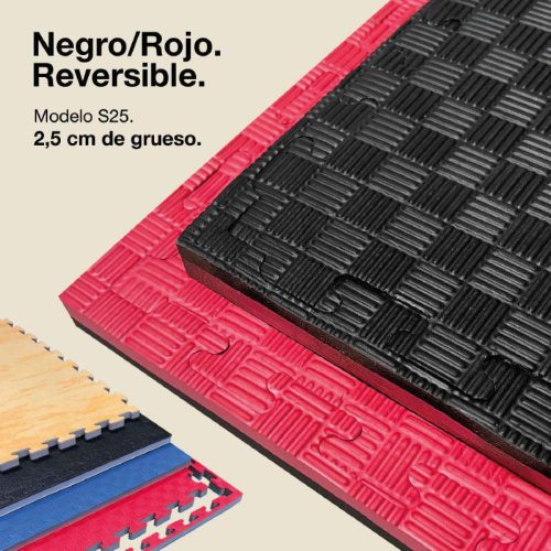 Tatami Puzzle 2,5cm Negro/Rojo 100x100cm, Densidad Superior. Reversible Antideslizante F