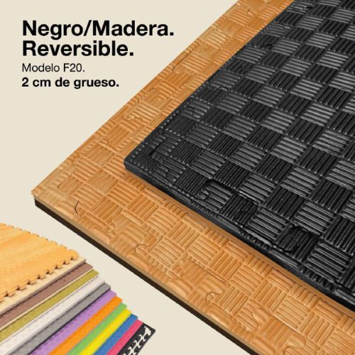 Tatami Puzzle 2cm Negro/Madera 100x100cm, Reversible Antideslizante F